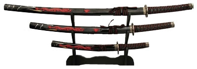 Набор самурайских мечей: катана, вакидзаси и танто Огненный дракон на подставке